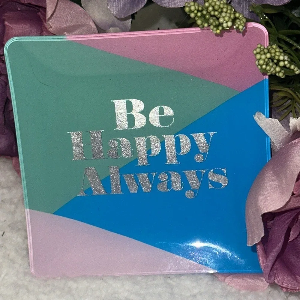 Fringe Studio Be Happy Always Glass Trinket Tray Color Block Silver Glitter Dish